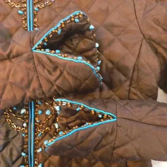 VTG Silkland 100% Silk Beaded Full Zip Quilted Jacket Brown Green Size Medium - Picture 8 of 8